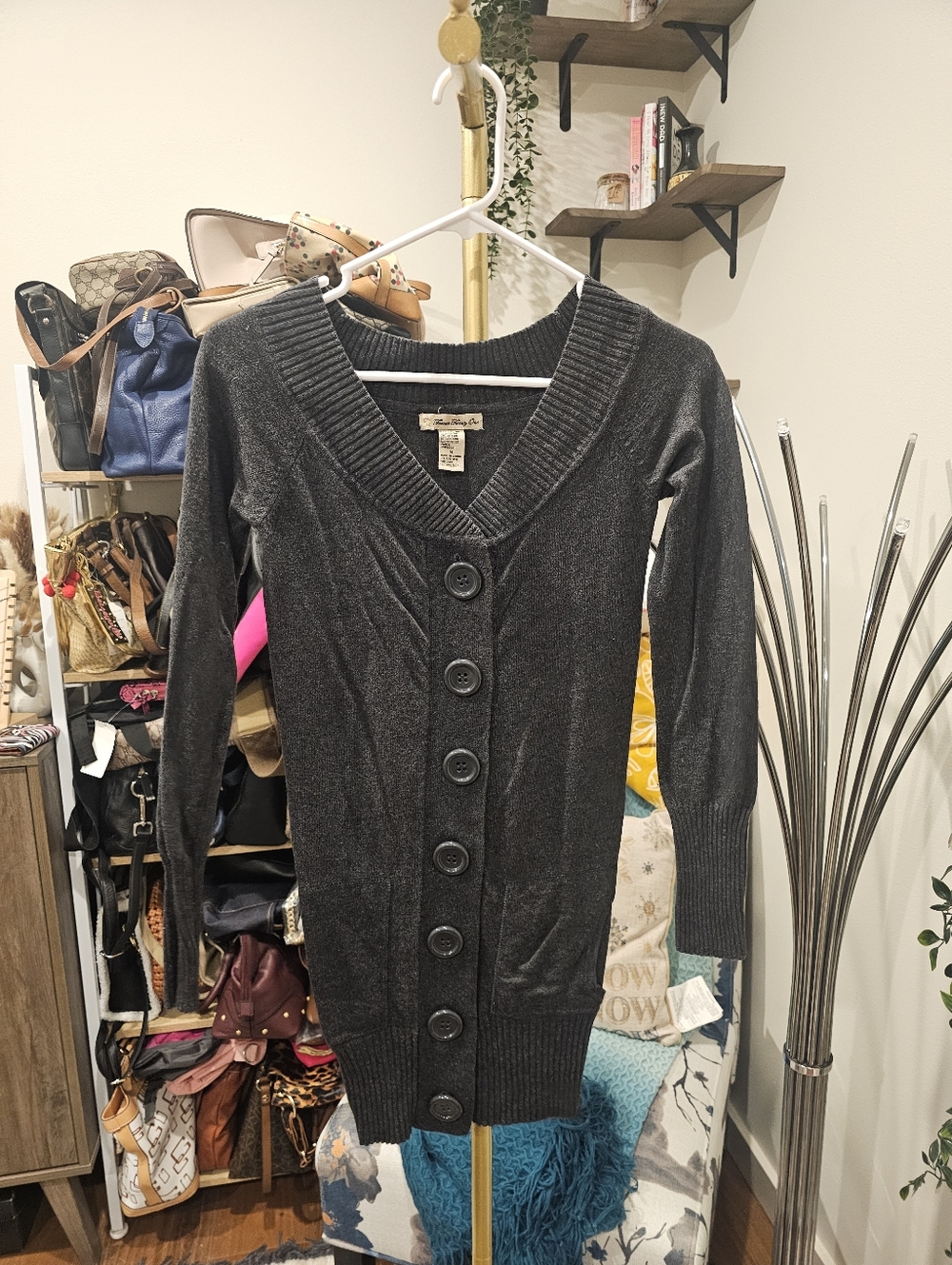 Vintage Long Charcoal Button-Up Cardigan Sweater